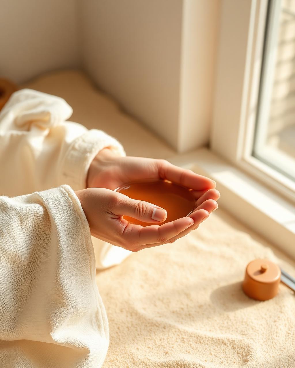 Hands holding warm water by a window